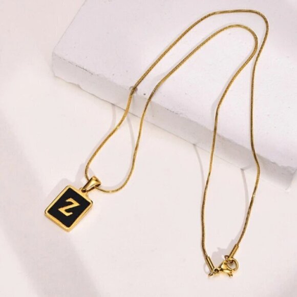 Black Shell and Gold Letter N Necklace Stainless Steel Initial N - Picture 2 of 6